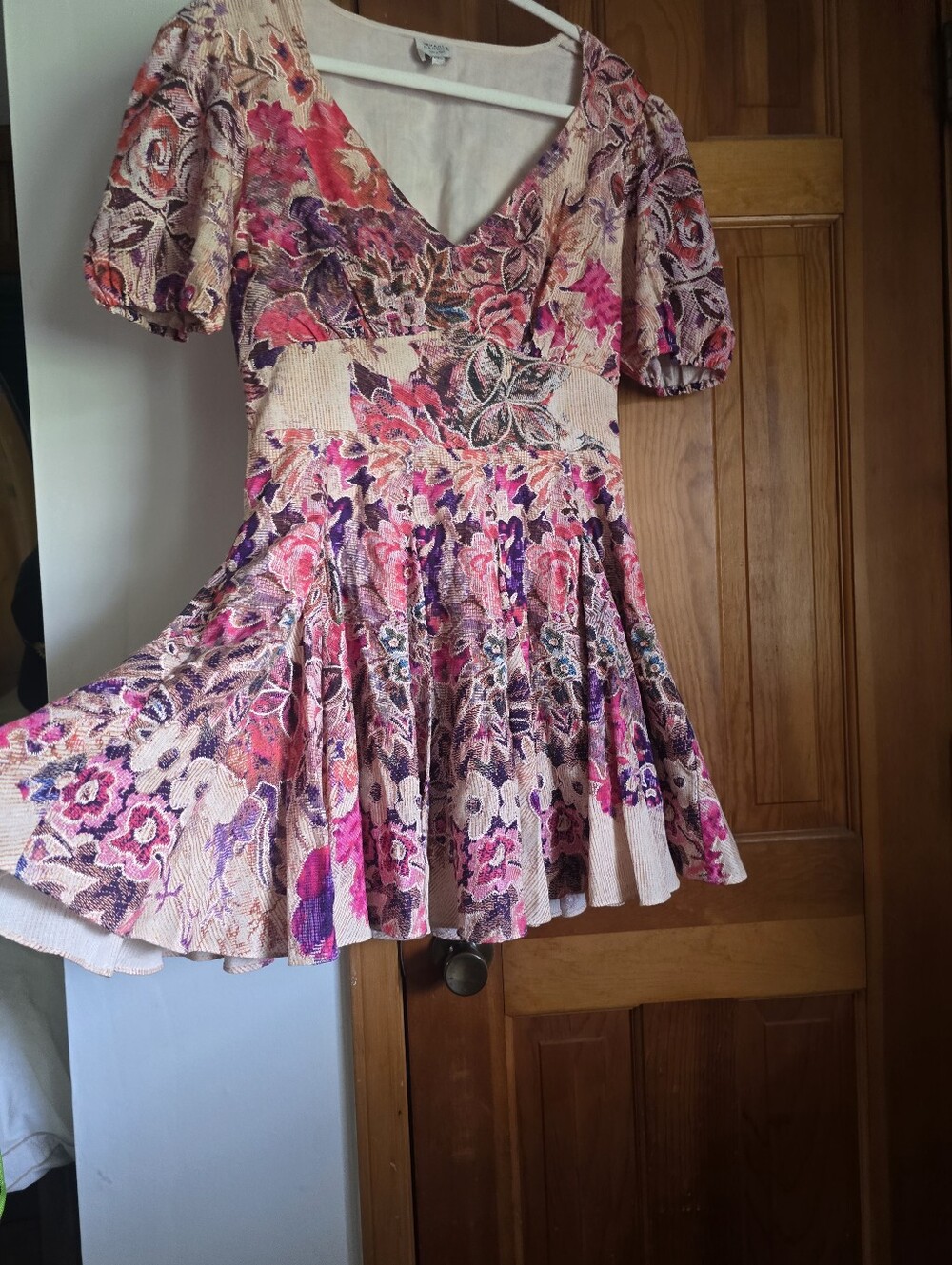 Floral Fit-and-Flare V-Neck Mini Dress in Pink and Purple